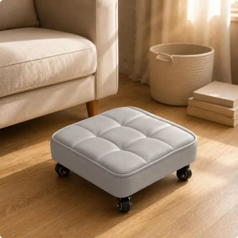 Kids Play Upholstered Swivel Caster Stool Rounded Edges Square Shape Rolling Stool Stitched 360° Foot Stool Entryway Lazy Rest Vue
