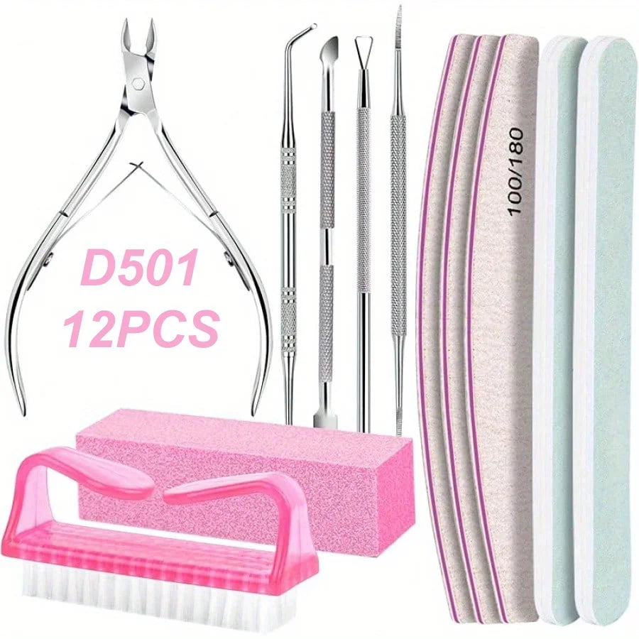 12Pcs/lot Nail Art 100/180 Grit Professional Files Buffer Sponge Block Brush Nail Scissors Kit With Cuticle Nipper Pushers Vue 01