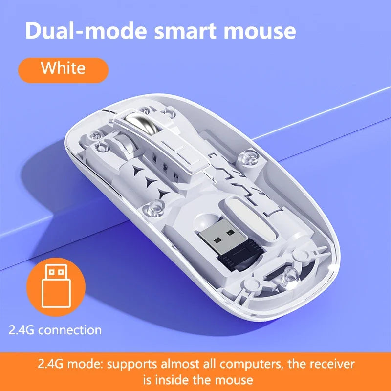 Transparent Wireless Mouse Dual Mode 2.4G Bluetooth-compatible Rechargeable Mouse Noiseless Cordless Computer Mice Vue White