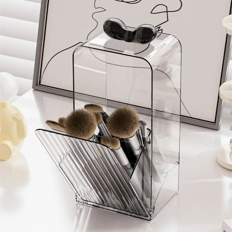 Clear Acrylic Desktop Makeup Brush Organizer Flip-Top Dustproof Cosmetic Tools Organizer with Bow Handle for Lipsticks Brushes Vue