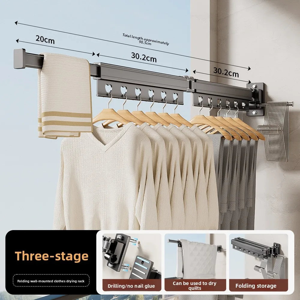 Foldable Clothes Drying Rack, Wall Mounted Retractable Laundry Hanger for Balcony Bathroom Window, Space Saving Stainless Steel Vue three sections