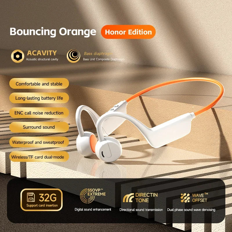 Bone Conduction Bluetooth Earbuds IPX8 Running Sports Waterproof Over-Ear Style Long Battery Life Low Noise With Mic Vue Bouncing Orange