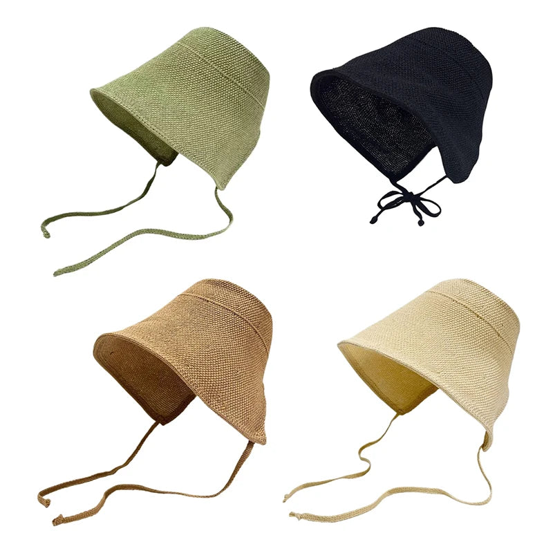 Linen Straw Regency Bonnets Hats For Women Sun Hats Bow Beach Cap Big Wide Brim Cloche Hat Chapeau Femme Lace Up Outdoor Summer Vue