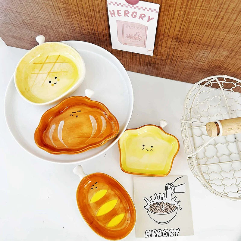 Home Creative Plate Ceramic Seasoning Plate Dipping Plate Ceramic Bread Plate Cute Croissant Pattern Dessert Plate Vue