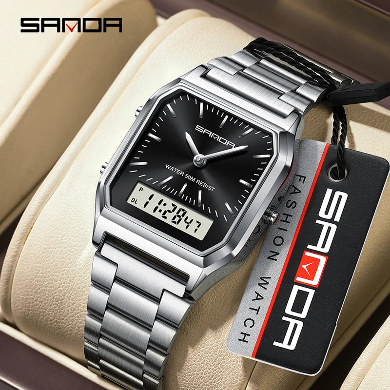 SANDA 747 Men's LED Dual Display Sports Watch | Stainless Steel Men's Sports Watch Vue