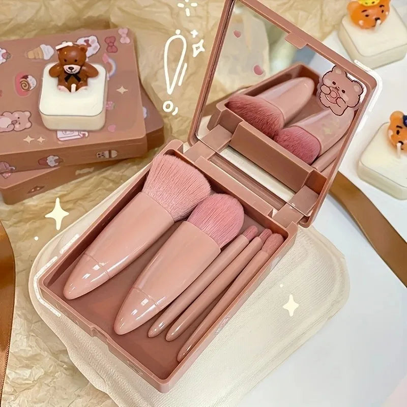 Mini Square Makeup Case with 5 Brushes, Mirror, Mini, Multi-functional, Portable Small Set, Loose Powder Brush, Foundation Brush Vue