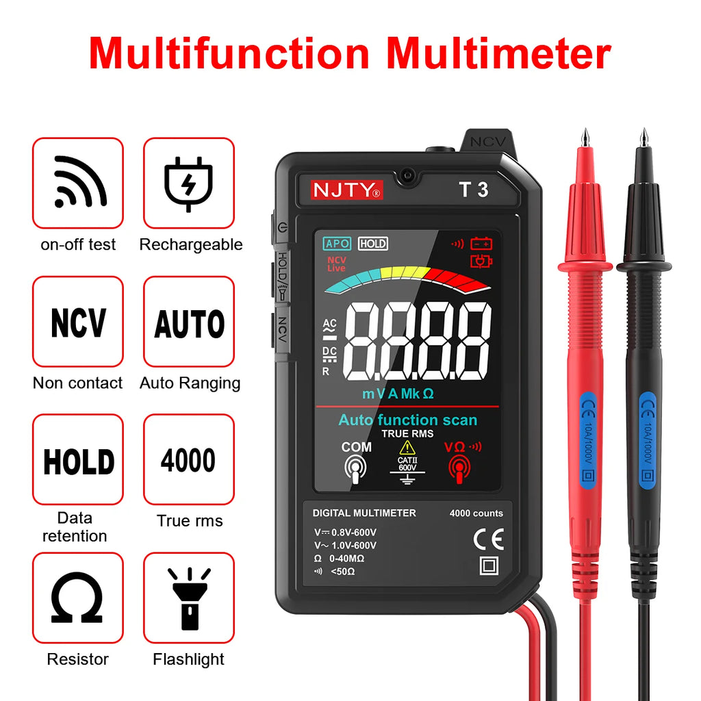NJTY T3 MINI Smart Digital Multimeter Color Screen USB Rechargeable 4000 Counts Auto Ranging Voltage Resistance NCV Live Wire Vue