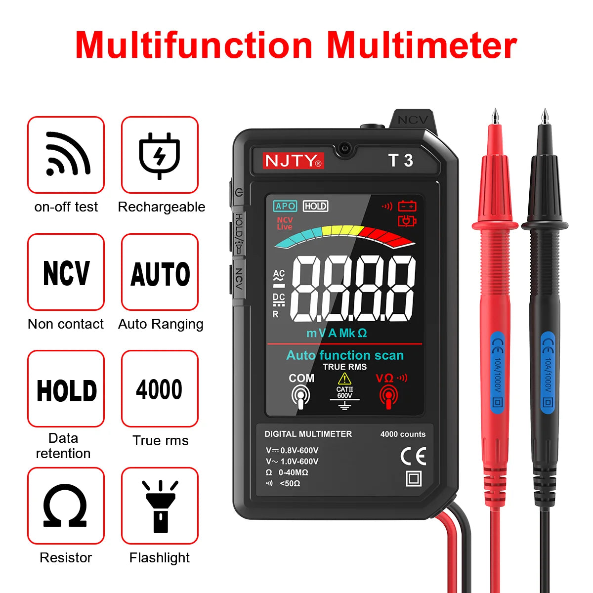NJTY T3 MINI Smart Digital Multimeter Color Screen USB Rechargeable 4000 Counts Auto Ranging Voltage Resistance NCV Live Wire Vue