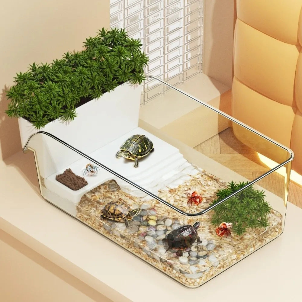 Transparent Turtle Tank Basking Area Plastic Reptile Terrarium with Climbing Spot Dry Wet Separation Turtle Basking Platform Vue
