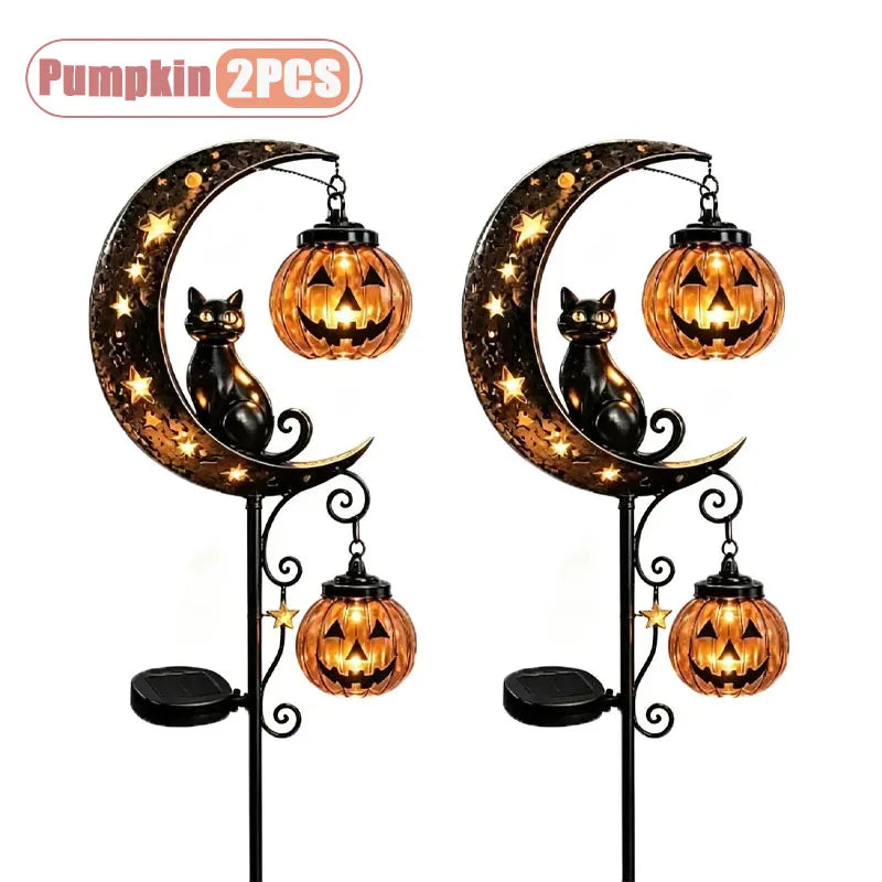 1-2pcs Solar Powered Halloween Black Cat and Pumpkin Yard Stake Light for Garden Lawn Pathway Patio Porch Decor Vue Pumpkin-2PCS