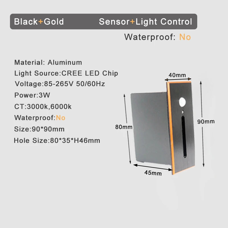 SANDIY 3W LED Recessed Stair Step Light with Motion Sensor Recessed Step Light Vue 90x40mm Warm White (2700-3500K) 3W