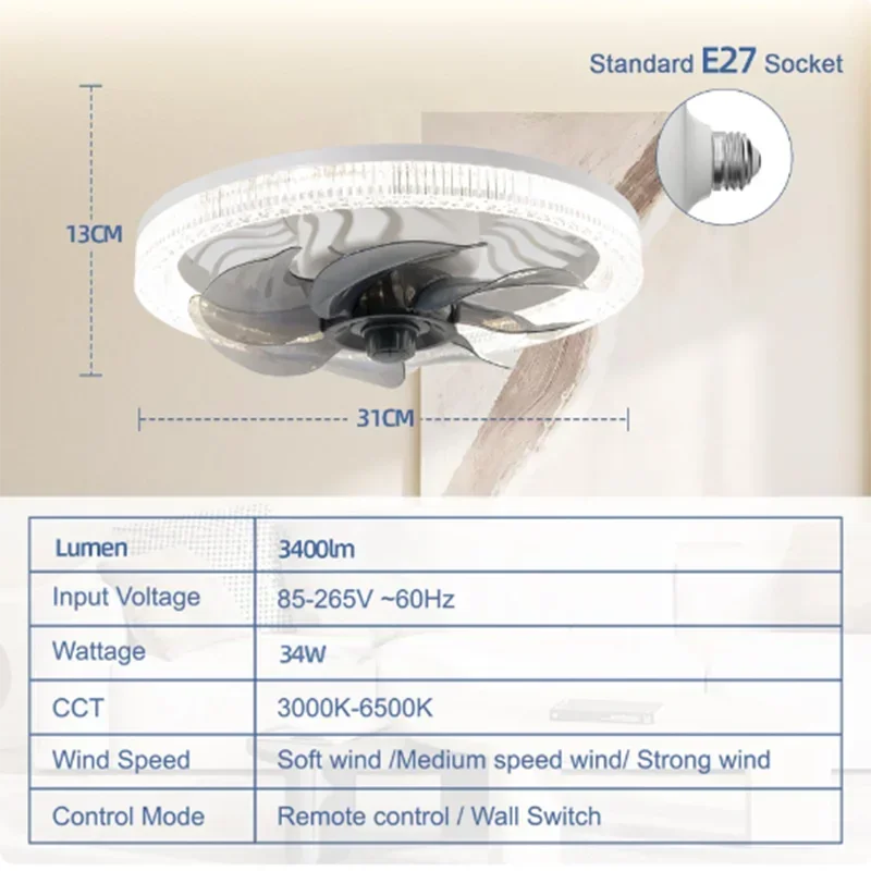 Smart Remote Control Ceiling Fan with LED Lighting Ceiling Fan with Lights Remote Control E27 Converter Base for Living Room Vue
