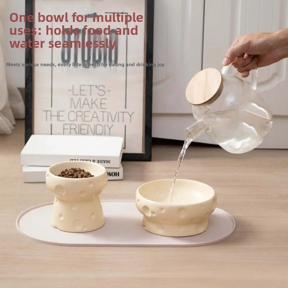 Cute Creative Large Diameter Elevated Cat Bowl Anti-knock Cheese Shape High Foot Bowl Anti-spill Ceramic Water Bowl Indoor Use Vue