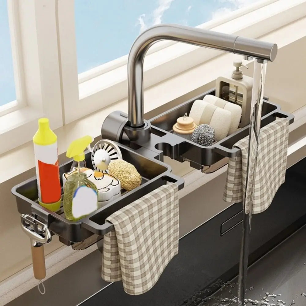 Practical Plastic Sink Drain Rack Adjustable Large Capacity Faucet Drain Rack Hanging Space Saving Soap Drainer for Kitchen Vue
