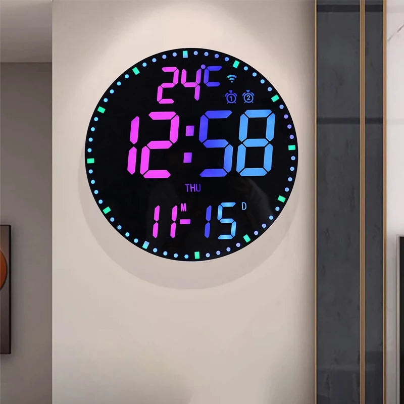 LED Wifi Digital Wall Clock Multifunctional Temperature Display House Daily Alarm Clock Wall Hanging Colorful Intelligent Clocks Vue Black Shell