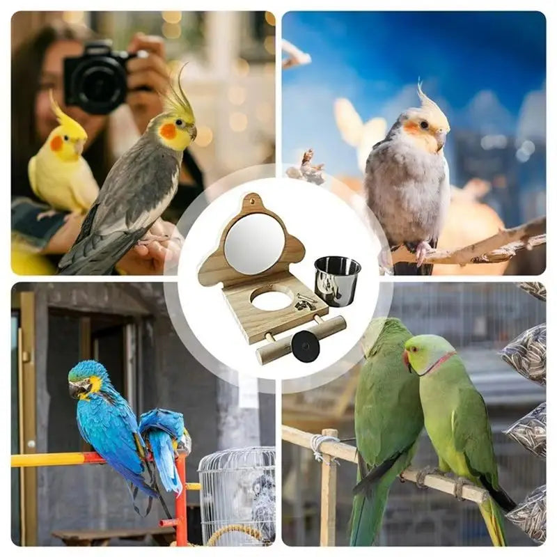 ABKW-Parrot Perch Wooden Parakeet Mirror Bird Parrot Perch With Mirror And Feeding Cups Cage Play For Lovebird Vue