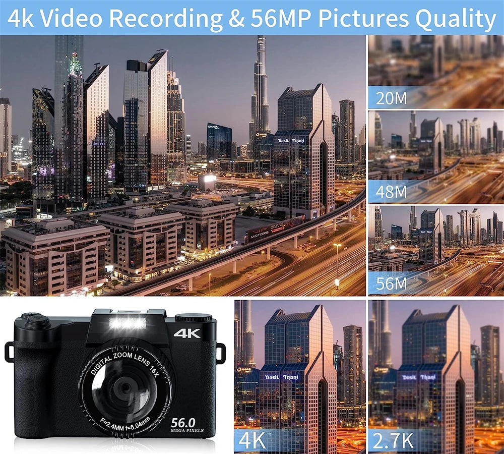 4K Digital Camera 48MP Vlogging YouTube 60FPS Auto Focus 16X Zoom Camcorder Recording Video With LENS Selfie Time Set New Camera Vue