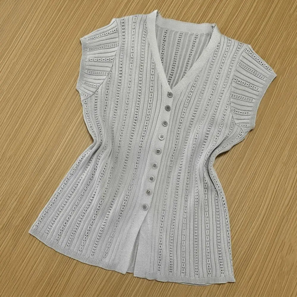 Fashion Solid Ice Silk Knitted Cardigan V-neck Hollow Short Sleeves Vue