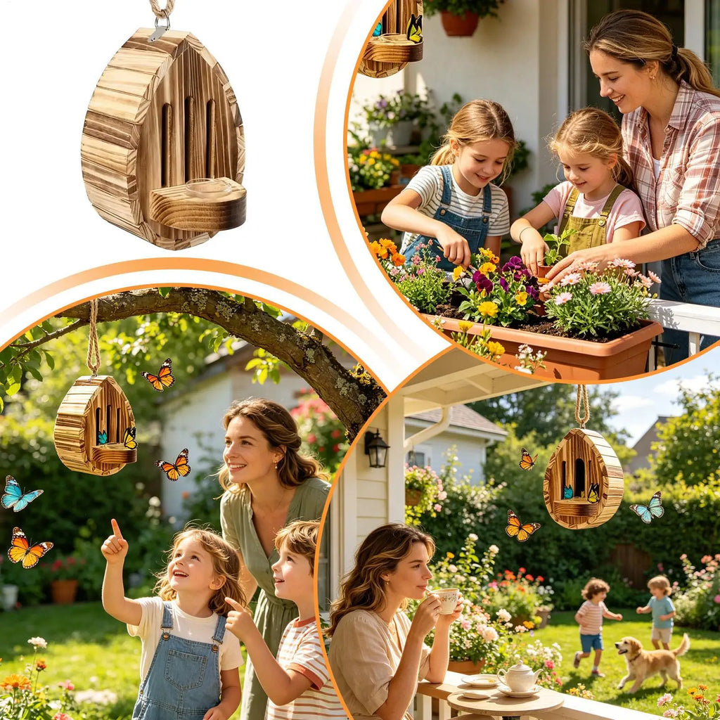 wood Teardrop Butterfly Habitat Shelter, Multifunctional Garden Nesting Box Feeder, Outdoor Hanging House for Yard Grassland Vue