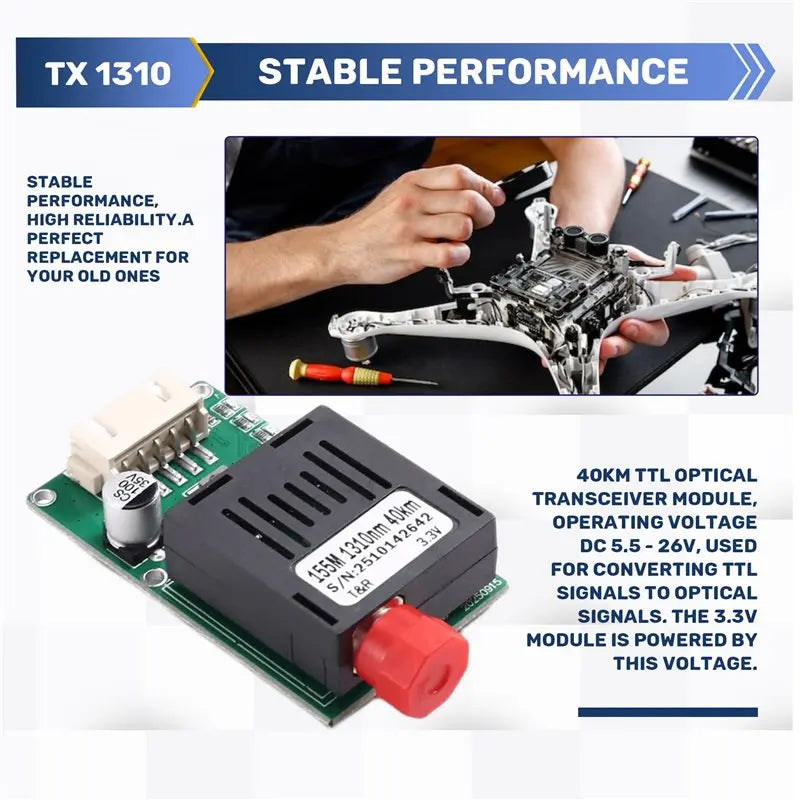 Hot-TTL 40KM Optical Transceiver Module Drone-Specific DC 5.5-26V Power Supply Optical Communication Equipment Terminal TX Skyen Vue