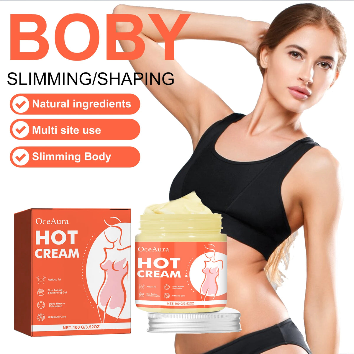 Ginger Fat-Burning Cream: A slimming massage cream that moisturizes and firms arms, thighs and waist, highlighting curves. Vue