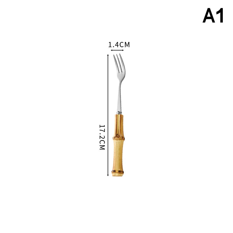 Long Handle Serving Spoon Fork Stainless Steel Gold Silver Bamboo Vue A1