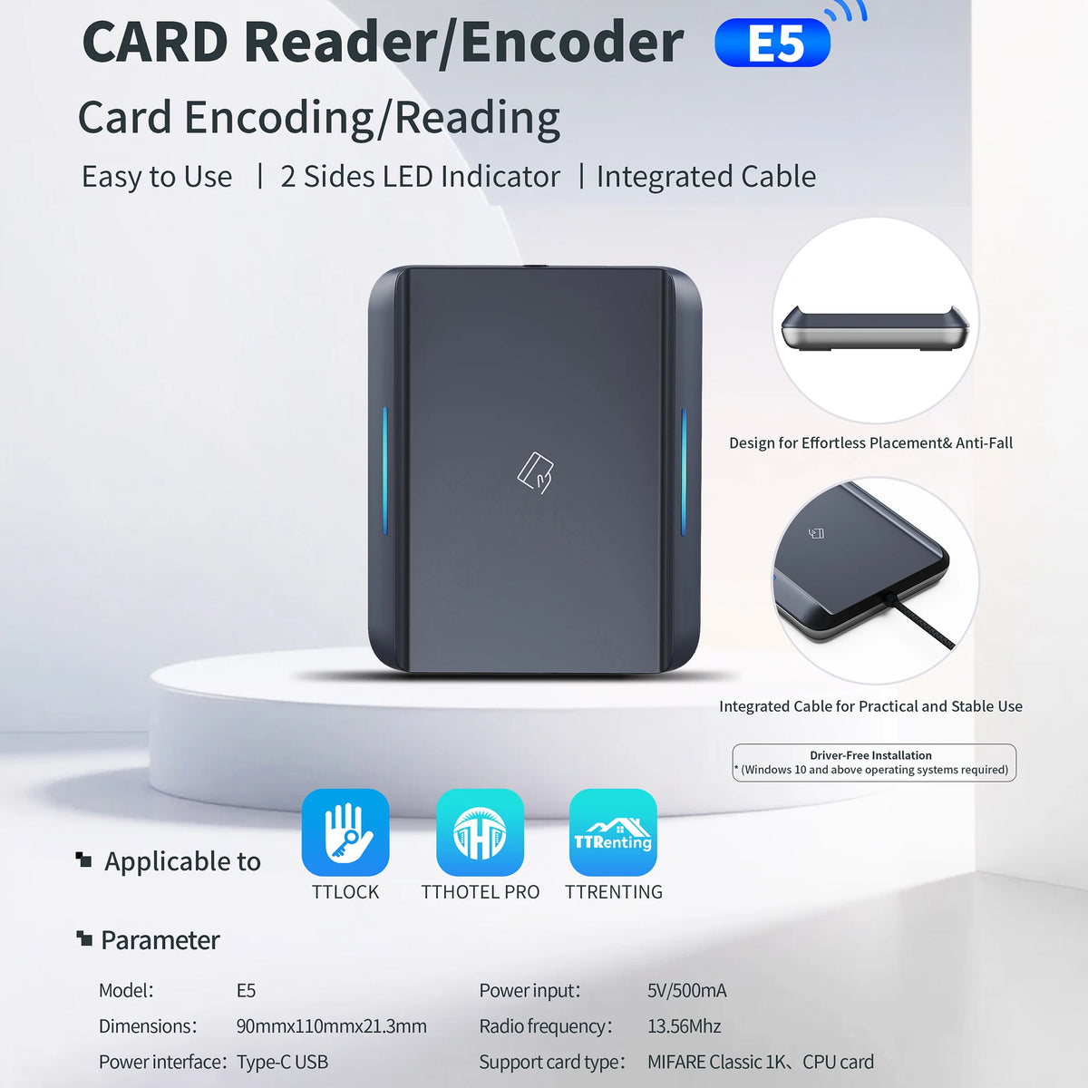 E5SN TTLOCK APP Hotel Room Smart Card Key Distributor RFID 13.56MHz M1 Card Reader Transmitter Suitable for TTLOCK Hotel Vue E5SN