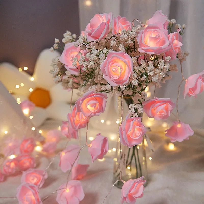 LED Pink Rose Flower String Lights Battery Operated for Wedding Home Party Birthday Festival Indoor Outdoor Valentines Day Decor Vue pink 3m 20leds