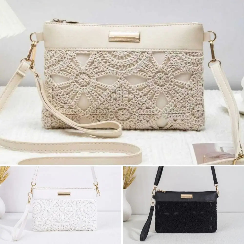 Bohemian Hollow Woven Bag Lace Decor PU Leather Summer Beach Zipper Vue