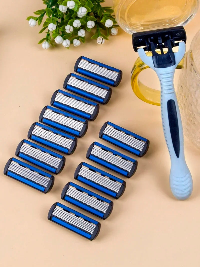 1 Handle + 12 Blades Men Women Manual Shaver Head Safety razor 6-Layer Stainless Steel Hair Removal Shaving Replaceable Vue