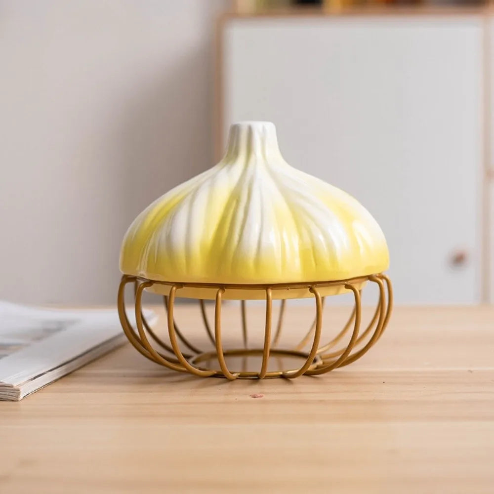 Practical Iron Garlic Shape Storage Basket Ceramic Space Saving Garlic Ginger Basket Egg Storage Vegetables Organizer Kitchen Vue Yellow Gold