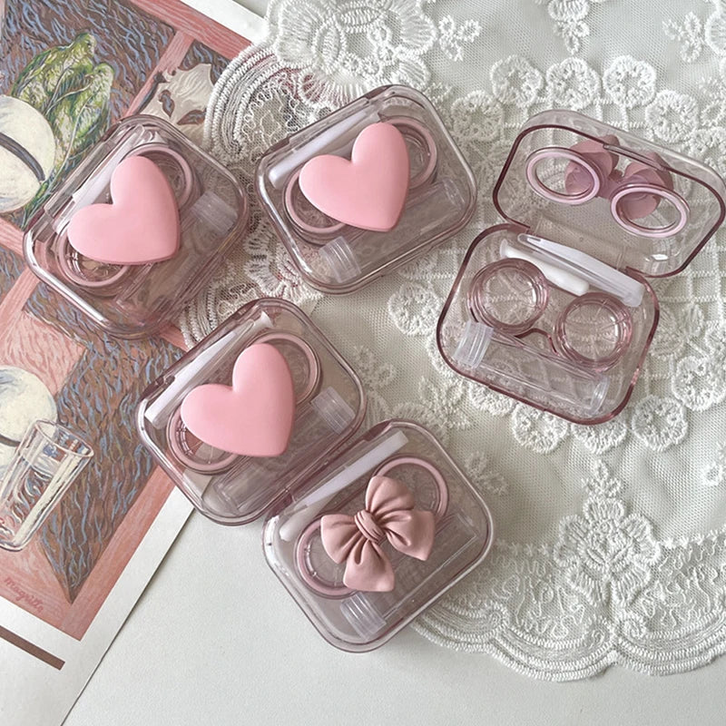 1Set Transparent Love Bow Contact Lens Case Contact Lens Cases Girl Portable Beauty Pupil Box Storage Eye Care Container Box Vue