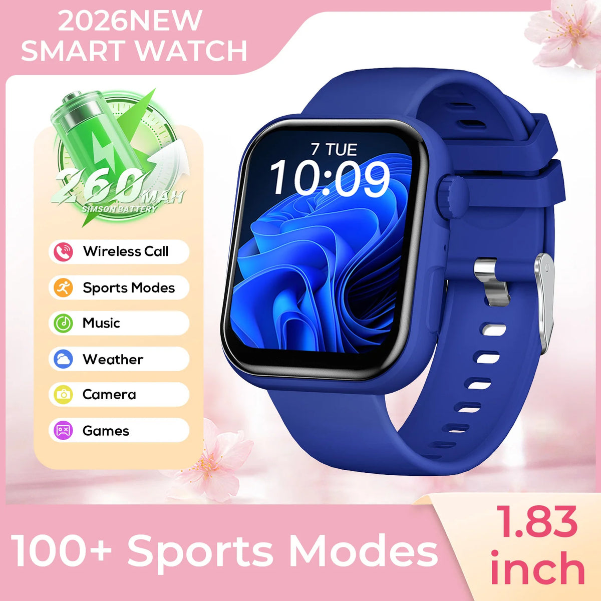 2026 New SmartWatch Bluetooth Call Music Sports Band Long Battery Fitness Tracker Silicone Strap Health Monitor for Adults fun Vue Darkblue