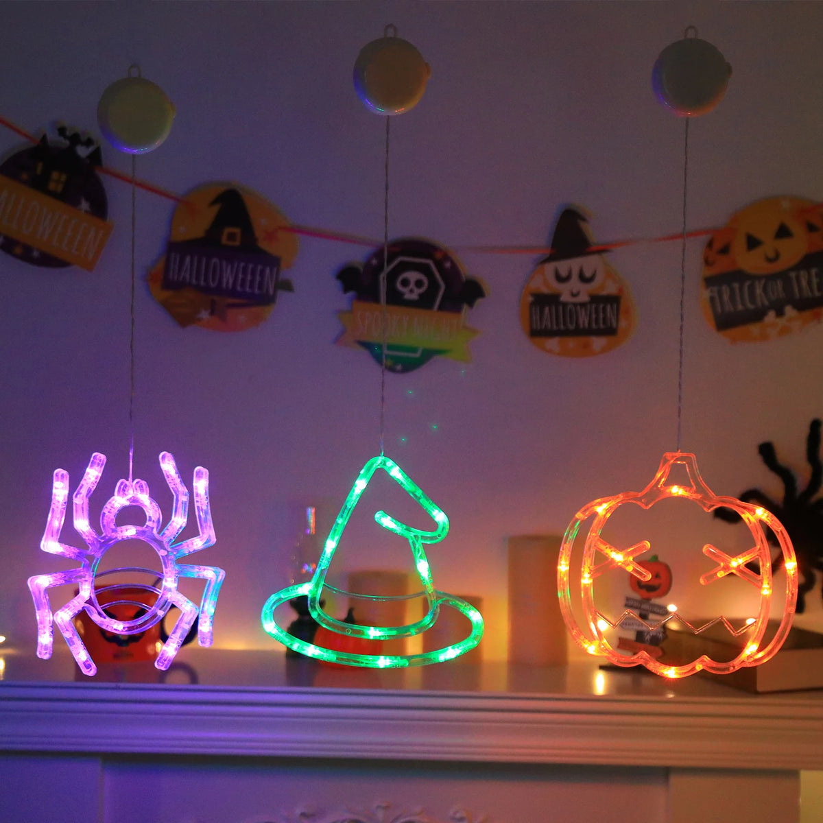 Multicolor Halloween Pendant Lights, Pumpkin Spider Witch Hat Hanging Lights, Suction Mount Design for Haunted Atmosphere Decor Vue