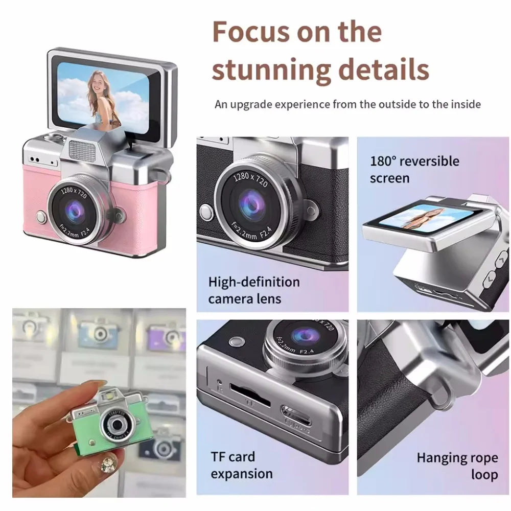 Palm-Sized Mini Digital Camera 180° Flip Selfie Screen with Flashlight Multiple Filters Keychain Portable Digital Camera Vue