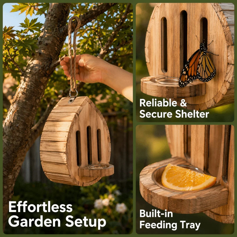 Home Decor Wooden Butterfly House Natural Habitat Hanging Pollinator House 2In1 Decorative Moth Habitat Outdoor Vue Butterfly House