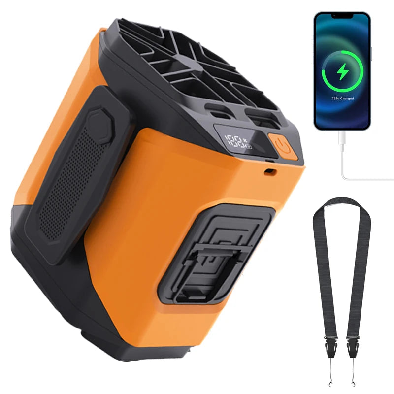 Portable Waist Fan 10000mAh LED Lighting Hanging Neck Fan with Power Bank 5 Speed Strong Airflow Cooling Fan for Outdoor Working Vue Orange
