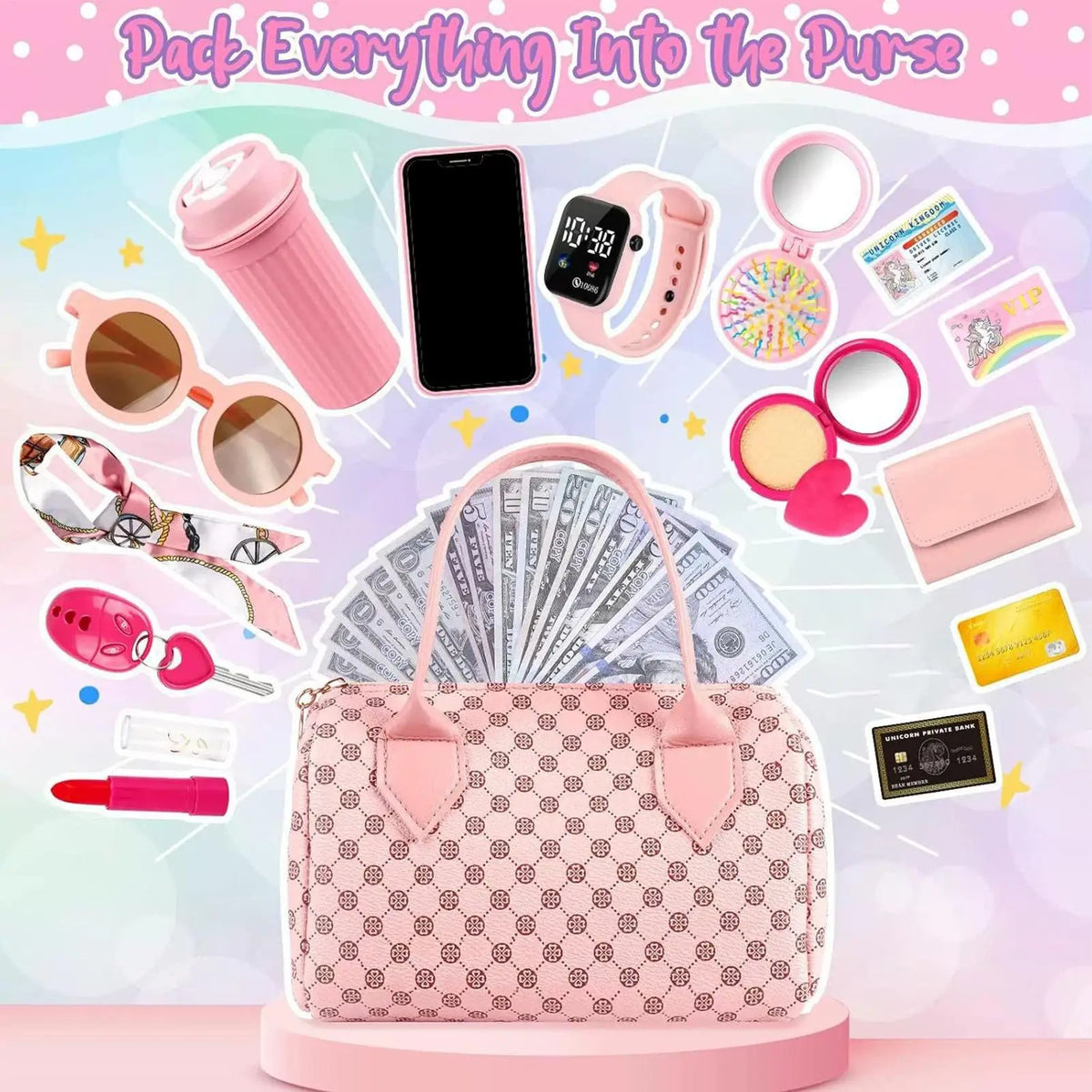 Play Purse for Little Girls, 3 to 6 years old Toddler Purse with Pretend Makeup for Young, Princess Toys Includes Handbag, Phone Vue