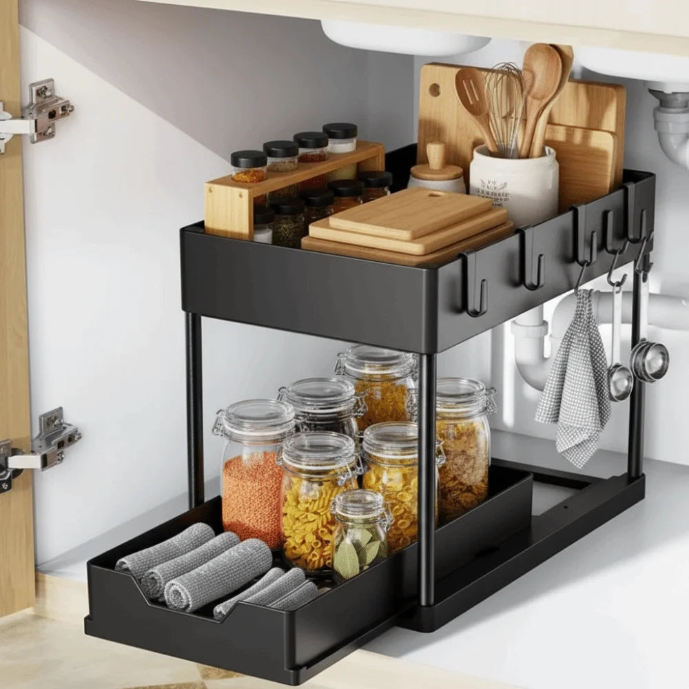 2 Tier Kitchen Sink Organizer Multi-function Hanging Cup Storage Rack With Hooks Sliding Inner Basket Sliding Cabinet Basket Vue