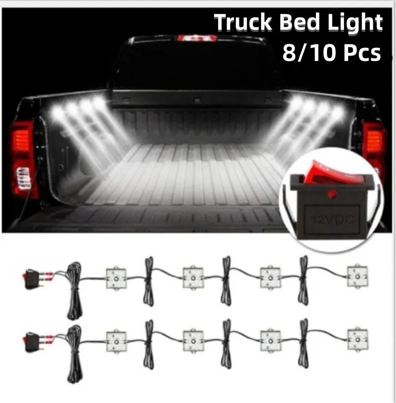 8/10Pcs Universal Truck Bed Trunk Lighting Strip 6000K White LEDs Light For BMW/Toyota/Tundra/Chevy Truck Pickup Vue black