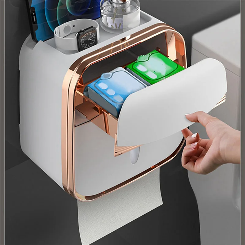 ABKW-2X Toilet Tissue Box Wall-Mounted Waterproof Toilet Paper Box Punch-Free Pumping Paper Box Toilet Toilet Paper Roll Rack Vue