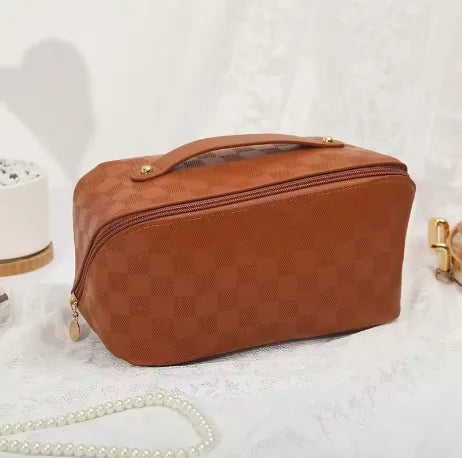 Makeup Organizer Female Toiletry Kit Bag PU Leather Portable Travel Toiletry Bag Women Cosmetic Bag Toiletries Organizer Vue Diamond brown CN