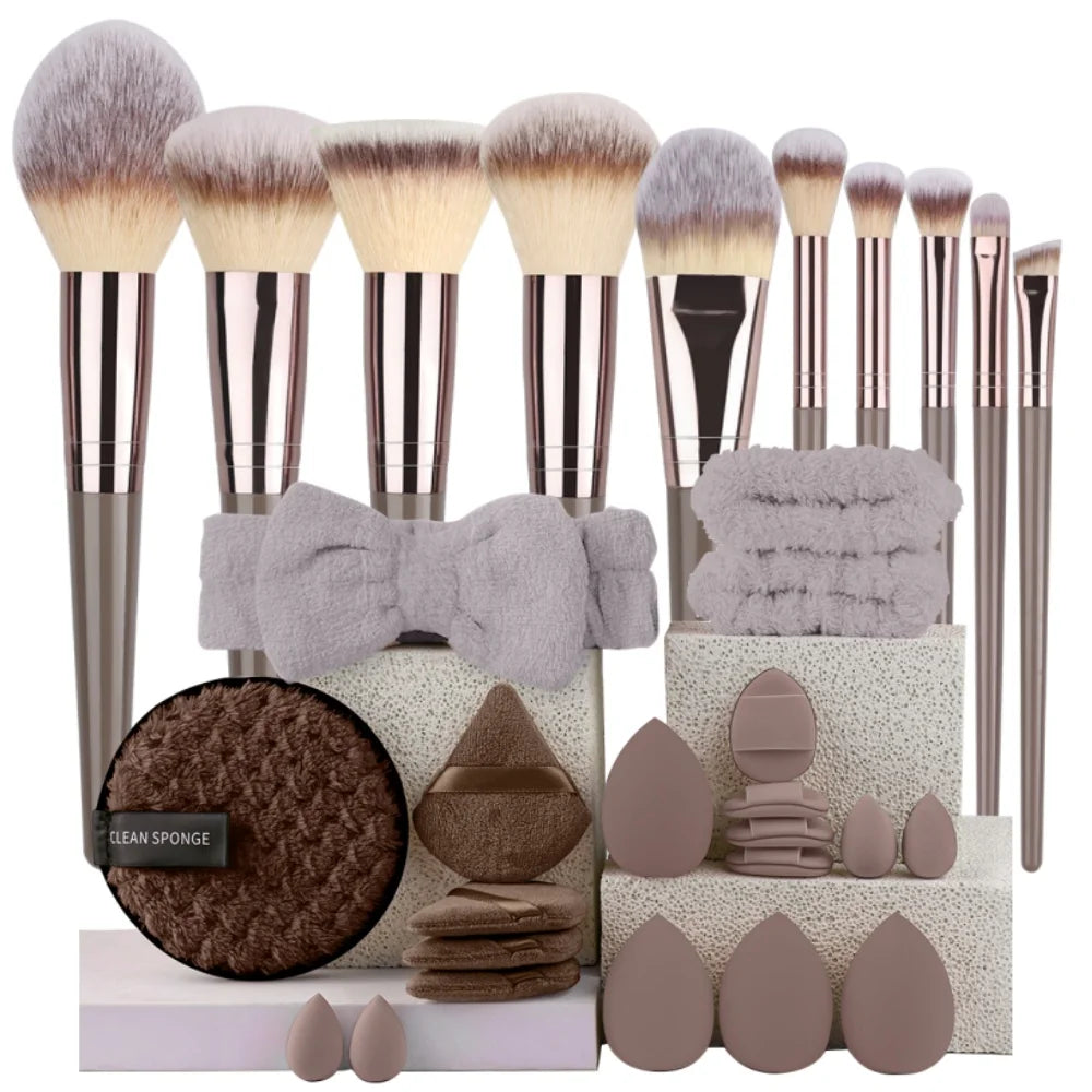10-20PCS Premium Makeup Brushes Set with Hairband Wrist Rest Silicone Sponge Ball Powder Puff And Cleaning Tool Included Vue 10BR-20BR