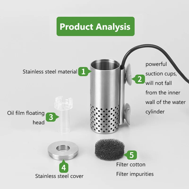 Planted Aquarium Electric Oil Removal Film Fish Tank Stainless Steel USB Filter Self-priming Floating Head Oil Film Processor Vue