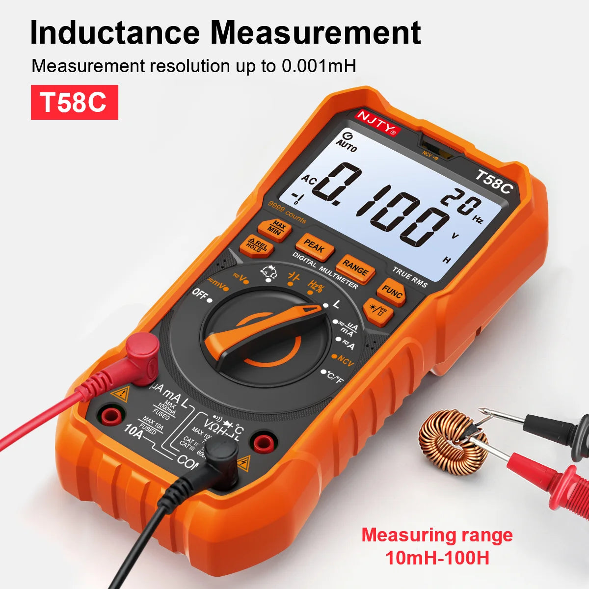 NJTY T58B T58C Inductance Digital Multimeter AUTO Range 9999 Counts Voltage Current Capacitance LED Smart Backlit Large Screen Vue
