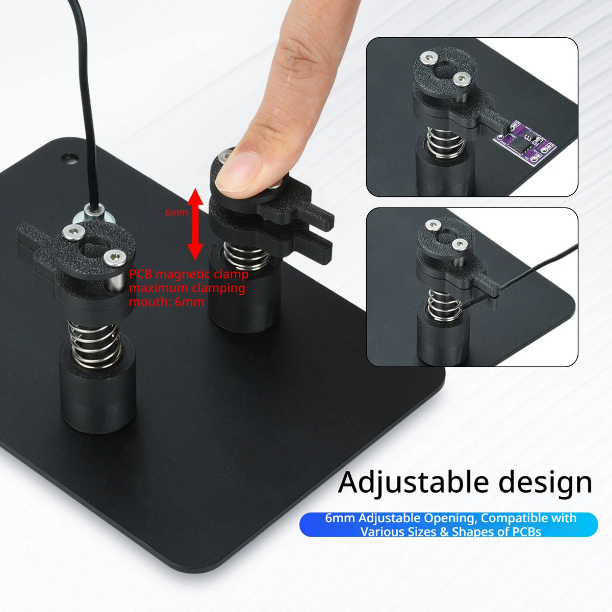 360° Adjustable PCB Holder Soldering Auxiliary Fixture with Magnetic Clamp 6mm Opening Metal Base Anti-slip Foot for Repair Vue