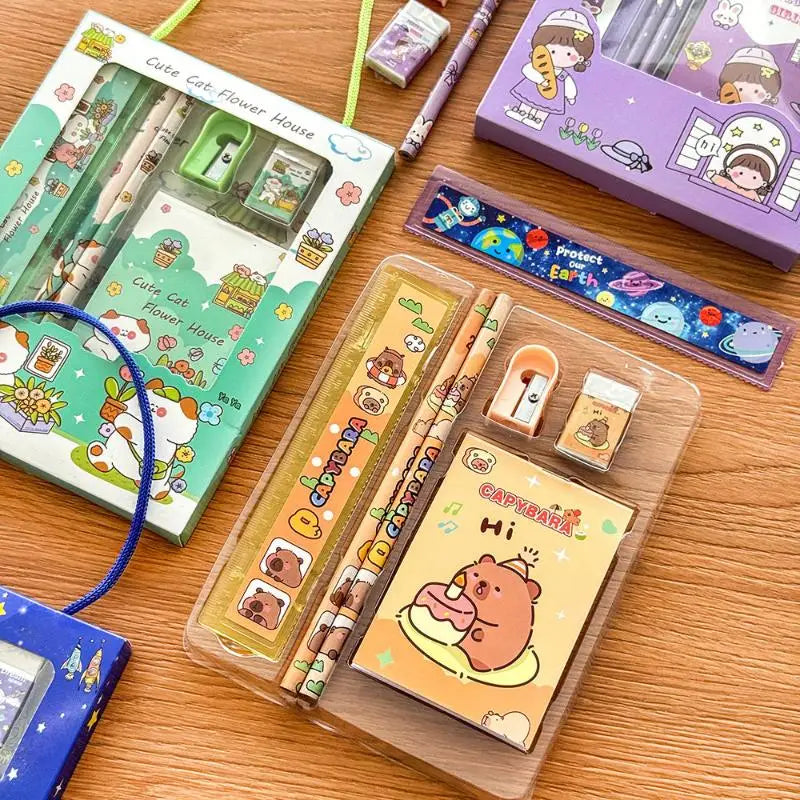 6Pcs/Set Cute Cartoon Capybara Pencil Stationery Set Kawaii Eraser Pencil Sharpener Children Student Stationery Supplies Vue
