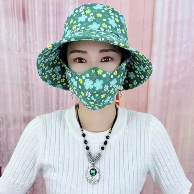 1-2PCS Women‘s Sun Hat with Face Mask Floral Leaf Pattern Wide Brim UV Protection for Outdoor Hiking Gardening Beach Vue
