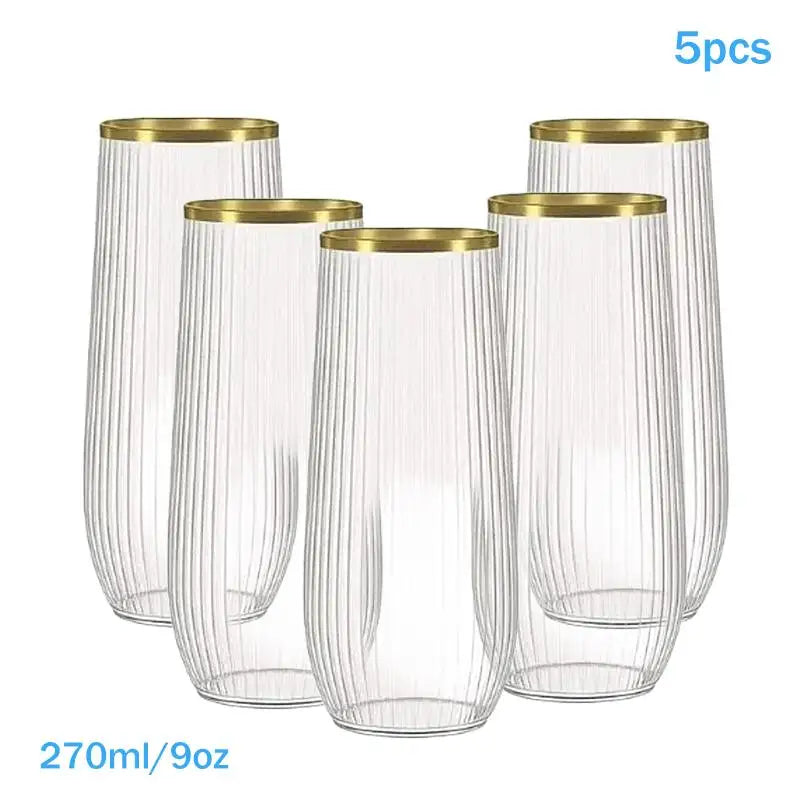 1/5 Pcs Plastic Transparent Ribbed Wine Glasses Disposable Stemless Wine Glasses Plastic Cocktail Glasses For Unbreakable〔CC11〕 Vue 5PCS Gold