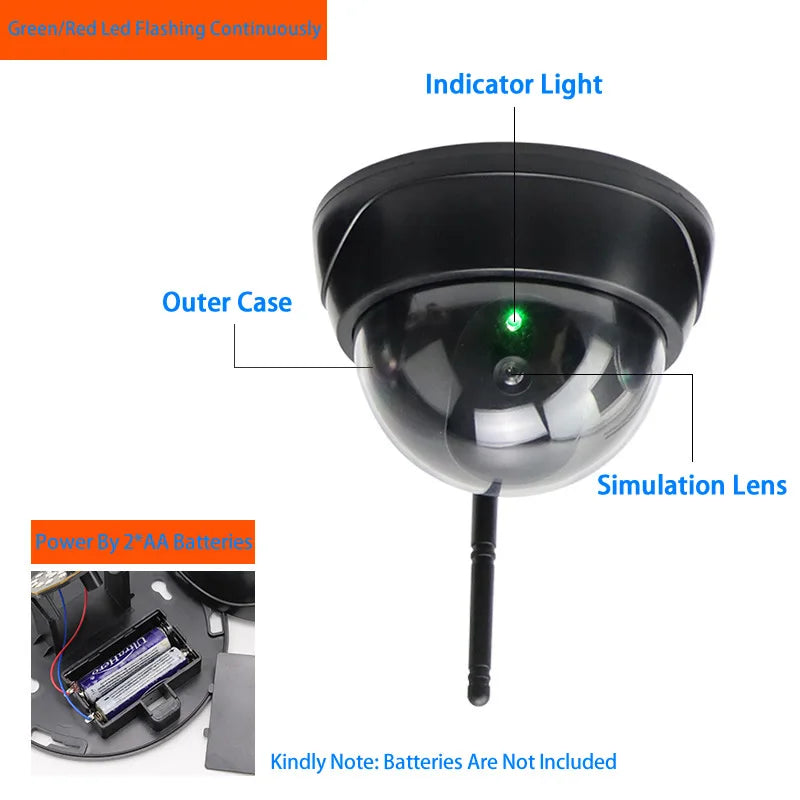 New Black Dome Dummy Camera With Antena Flashing Led Plastic Fake Camera AA Battery Simulation CCTV Surveillance Security System Vue